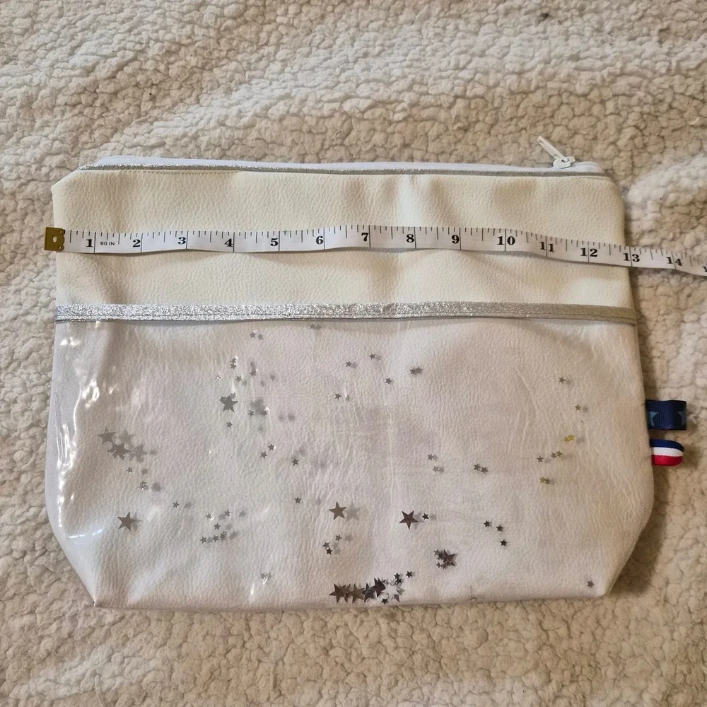 Blue Glitter Whale Shaker Cosmetic Bag White Faux Leather Star Print Pouch Beach